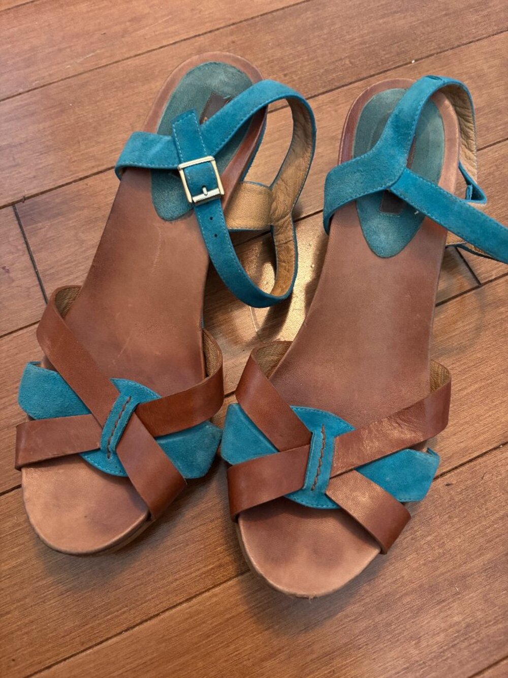 Zinda Turquoise & Brown Open Toe Wedge Sandals EU 40 (US 9-9.5)